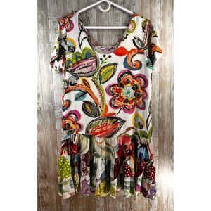 Jams World Dress Womens Sz Large Orange Yellow Abstract Floral Vacation Tropical